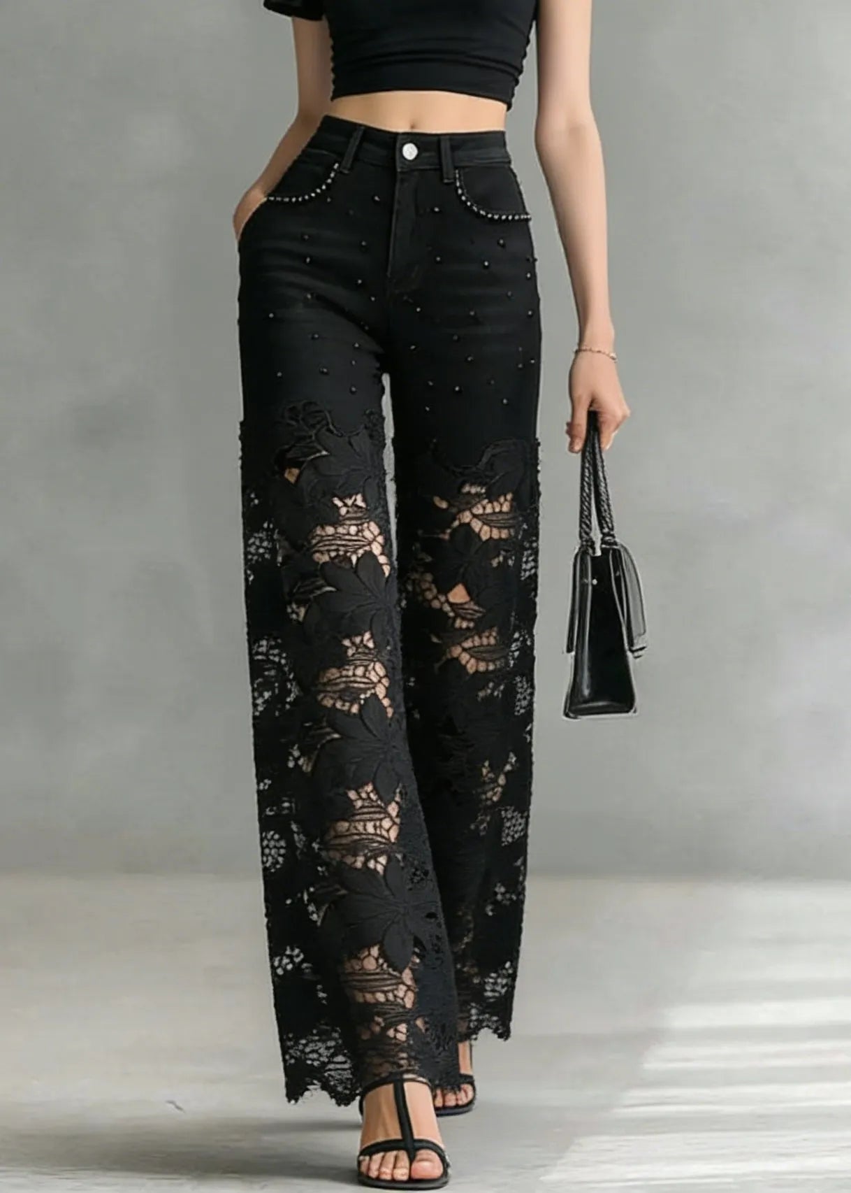 Black Lace Hollow Out Nail Bead Denim Pants Summer