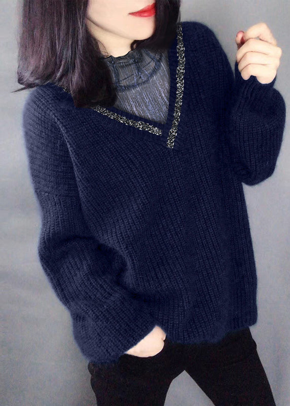 Navy Sequins Hollow Out Knit Sweaters Winter