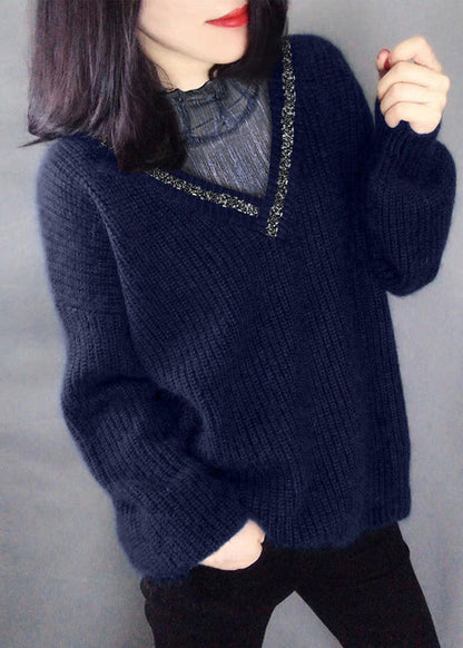 Navy Sequins Hollow Out Knit Sweaters Winter