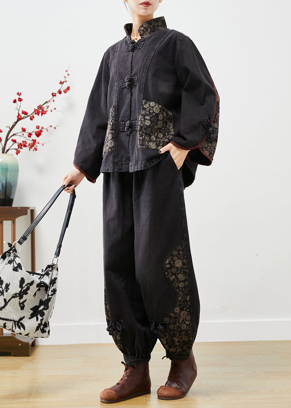 Black Stand Collar Patchwork Print Denim 2 Piece Outfit Fall
