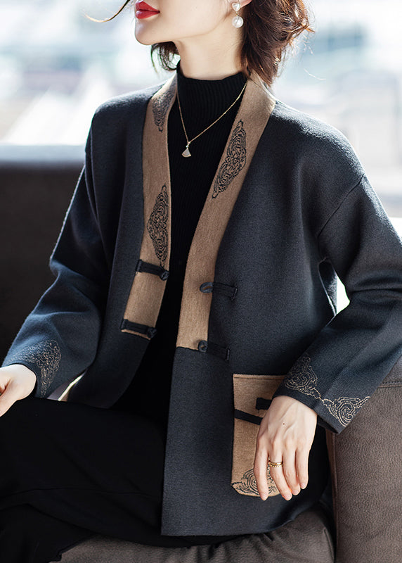 Charcoal Grey V Neck Print Pockets Woolen Coat Fall
