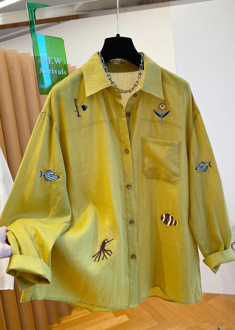 Natural Yellow Peter Pan Collar Print Cotton Shirt Tops Fall