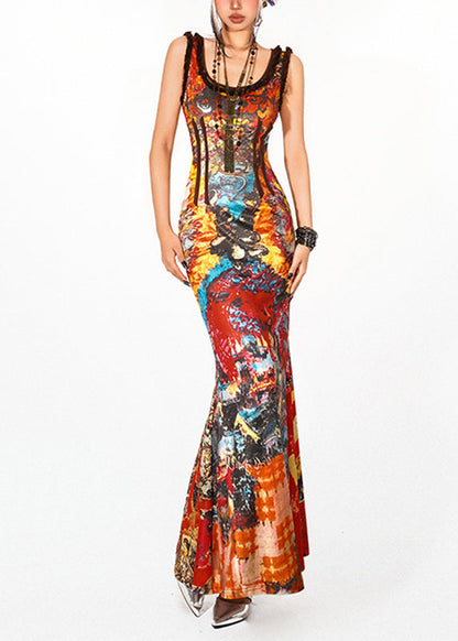 Beach Rainbow O-neck Holiday Long Spaghetti Strap Fishtail Dress Sleeveless