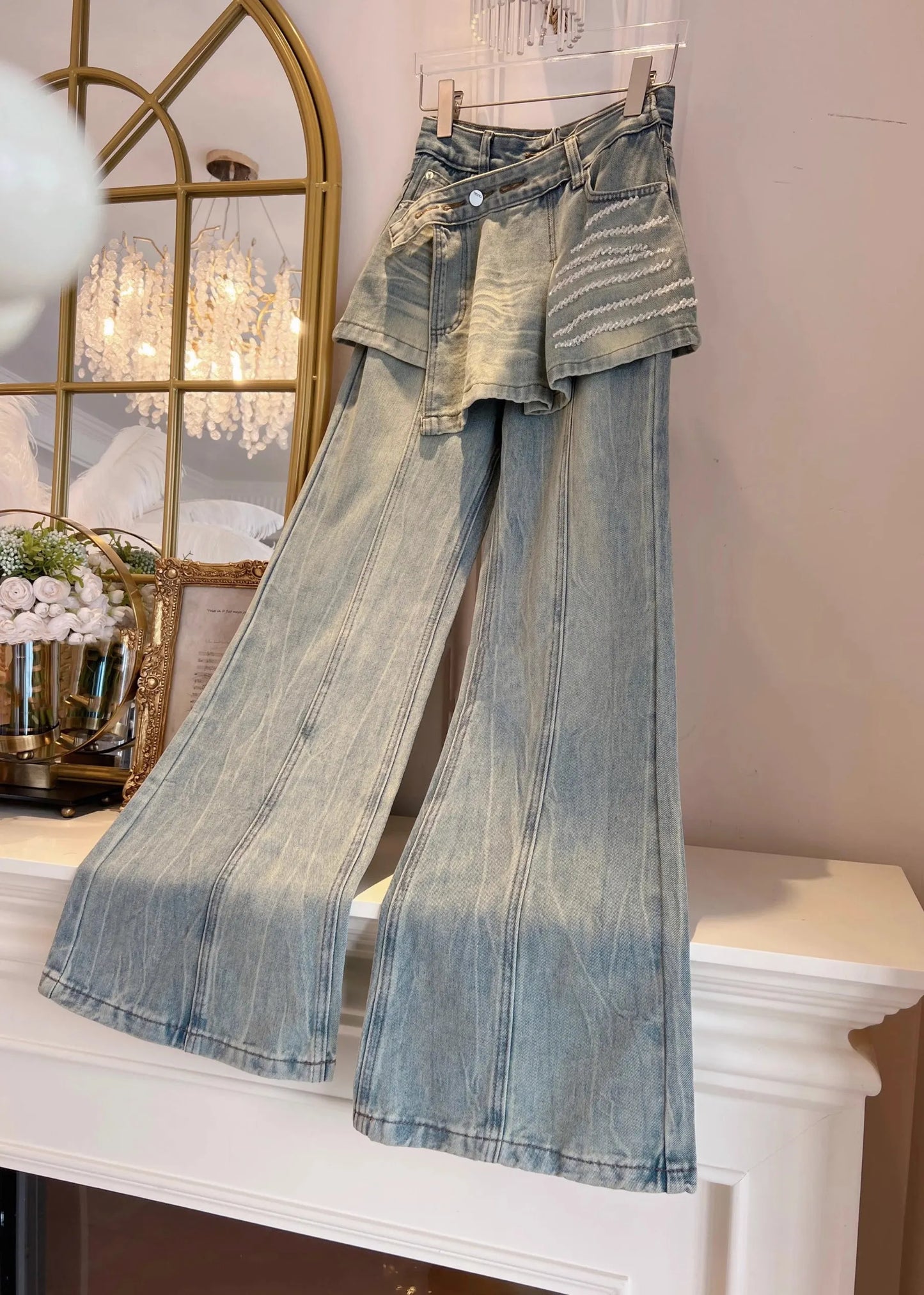 Blue Pockets False Two Pieces Patchwork Denim Pants Fall