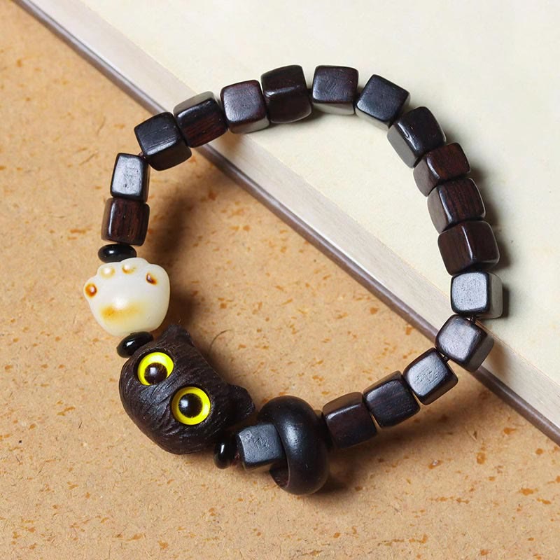 Buddha Stones Ebony Wood Cat Bodhi Seed Paw Claw Square Beads Calm Bracelet