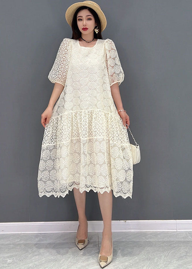 Boutique White O-neck Patchwork Lace Long Dress Half Sleeve