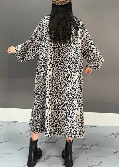 Dark Grey Leopard Patchwork Pockets Long Trench Coat Spring