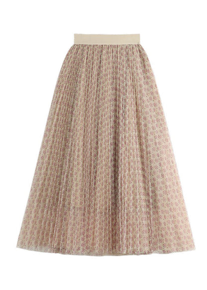 Purple Print Wrinkled Elastic Waist Tulle Pleated Skirt Summer
