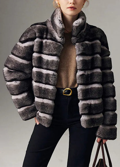 Italian Striped Stand Collar Pockets Leather and Fur Coat Winter