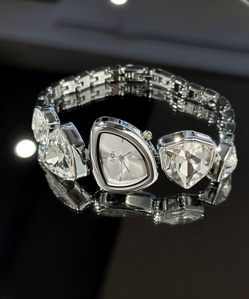 Red Stainless Steel Alloy Asymmetrical Gem Stone Watches