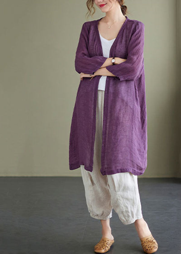 Purple V Neck Oversized Linen Long Cardigan Bracelet Sleeve