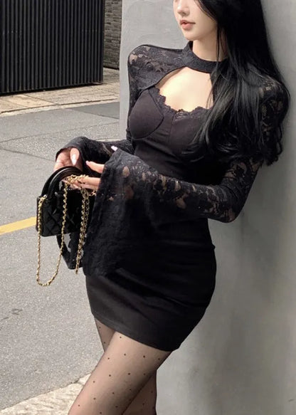 Black Wraped Patchwork Lace Mini Dress Spring
