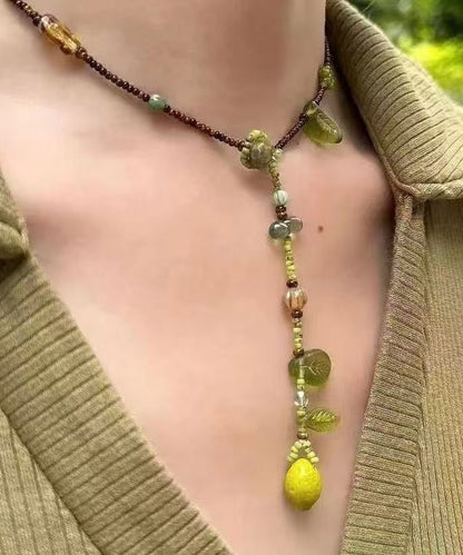 Green Handmade Weaving One Lemon Beading Tassel Pendant Necklace