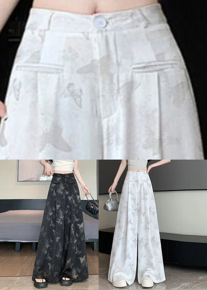 Chinese Style White Pockets Butterfly Print Draping Pants