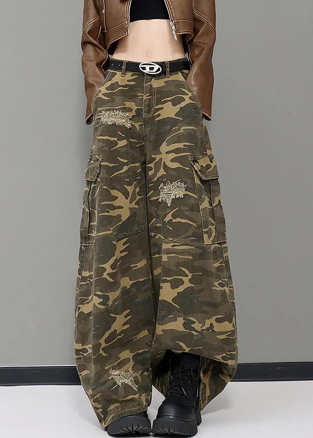 American Style Army Green Camouflage Pockets Denim Wide Leg Pants Fall
