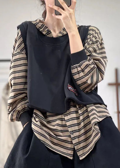 Stylish Black O-neck Oversized Applique Cotton Vest Tops Spring