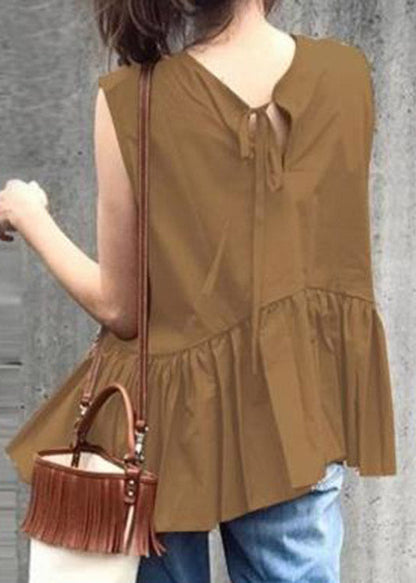 Camel O-neck Ruffled Patchwork Tops Summer