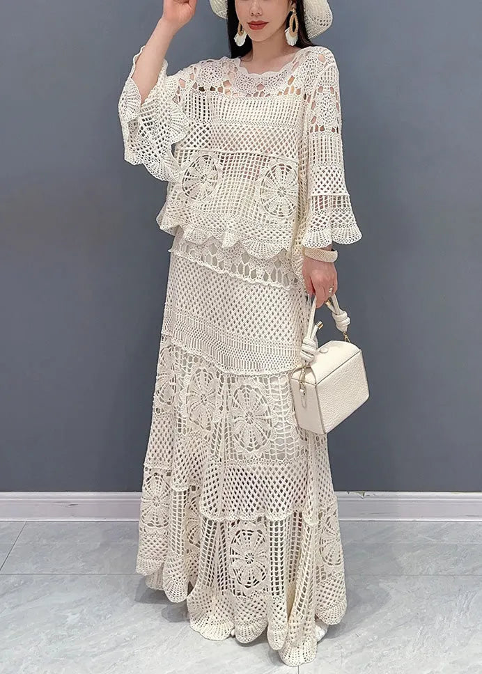 Beige Hollow Out Tops and Skirts Knit Two Piece Set Long Sleeve