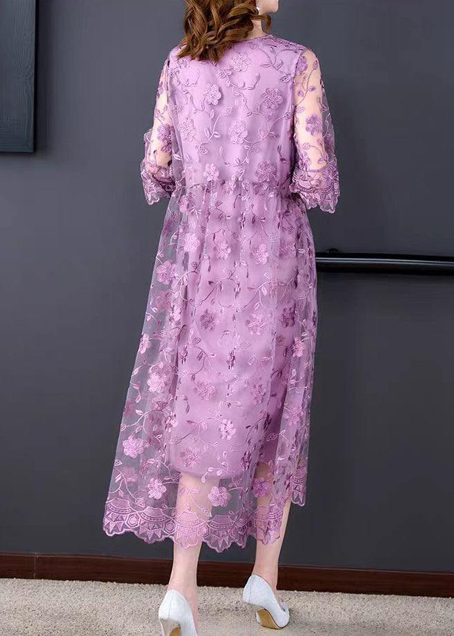 Purple O-neck Embroideried Tulle Long Dresses Half Sleeve