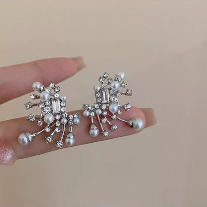 Oversize White Alloy Pearl Zircon Stud Earrings