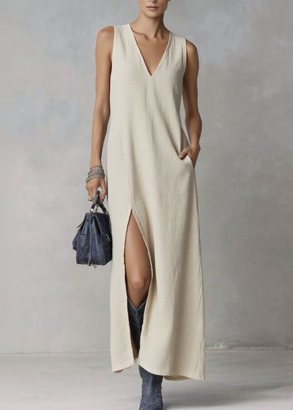 Brief Ramie V Neck Pockets Patchwork Maxi Dresses Summer