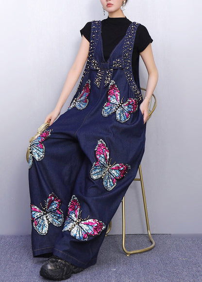 Navy Oversized Butterfly Sequins Denim Jumpsuits Spring