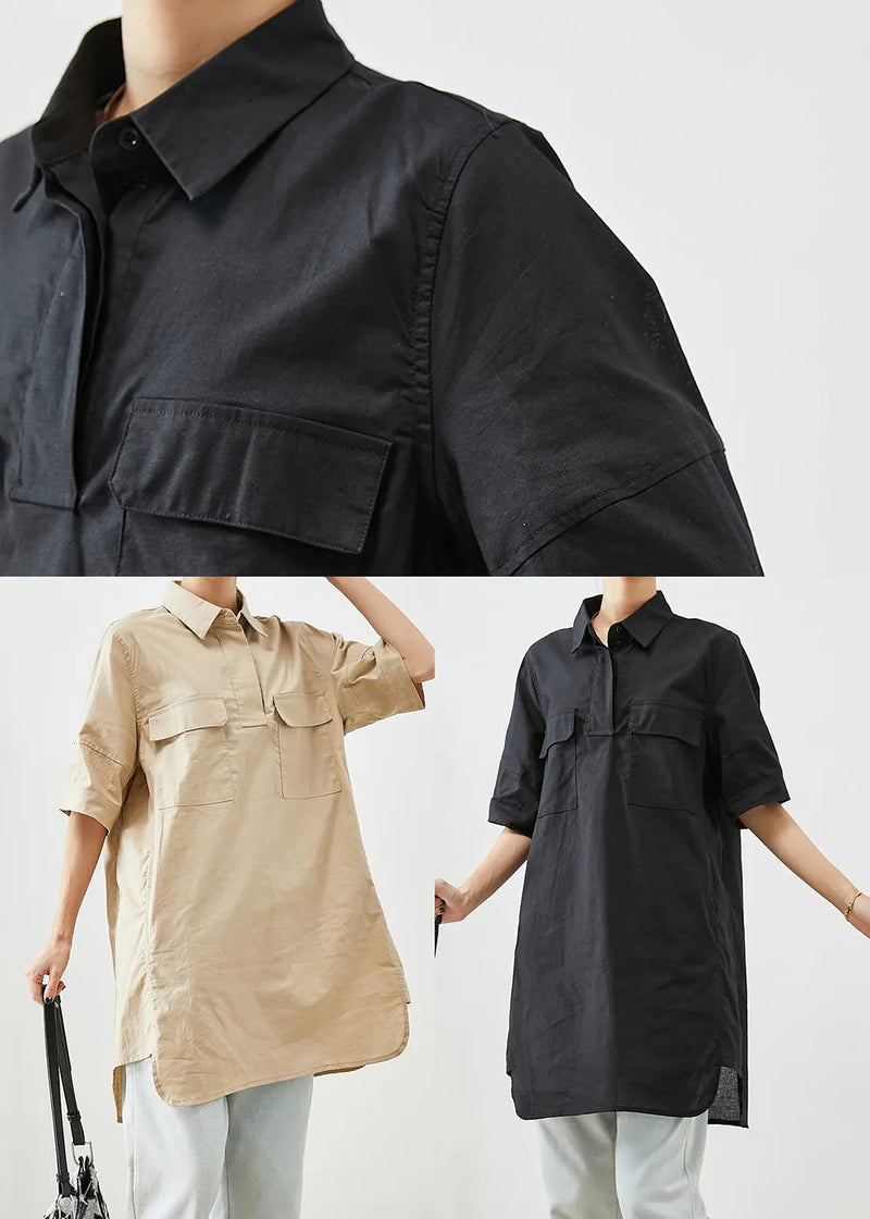 Black Peter Pan Collar Pockets Cotton Shirt Top Short Sleeve