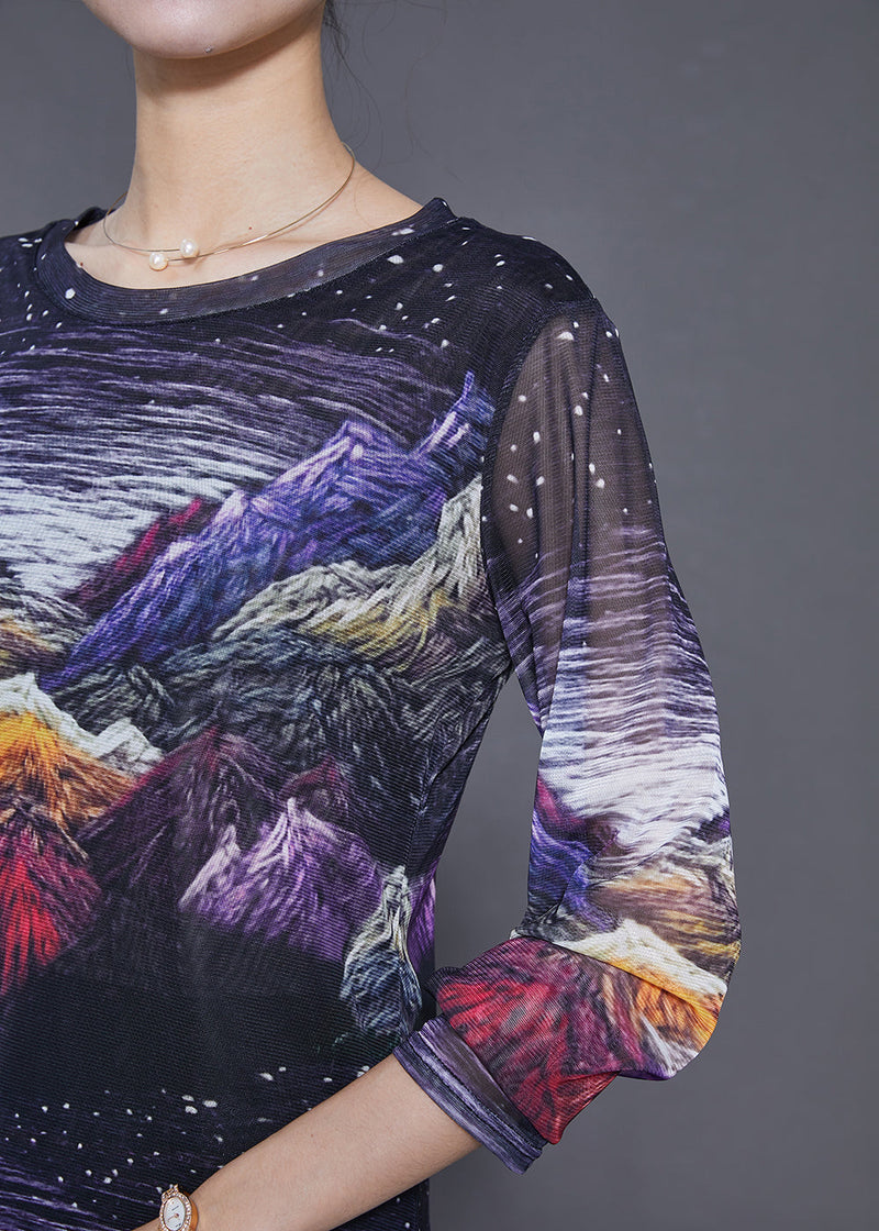 Black Print Hollow Out Tulle Top Summer