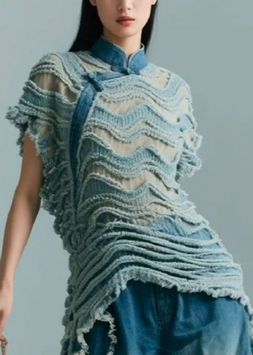 Blue Stand Collar Original Design Denim Shirt Summer