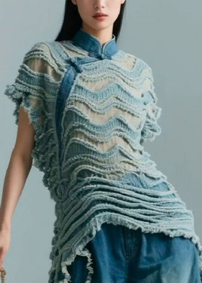 Blue Stand Collar Original Design Denim Shirt Summer