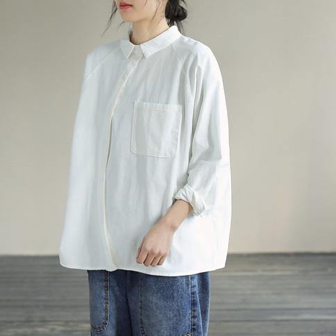 Organic White Tops Blouses Lapel Pockets Loose Spring Blouses
