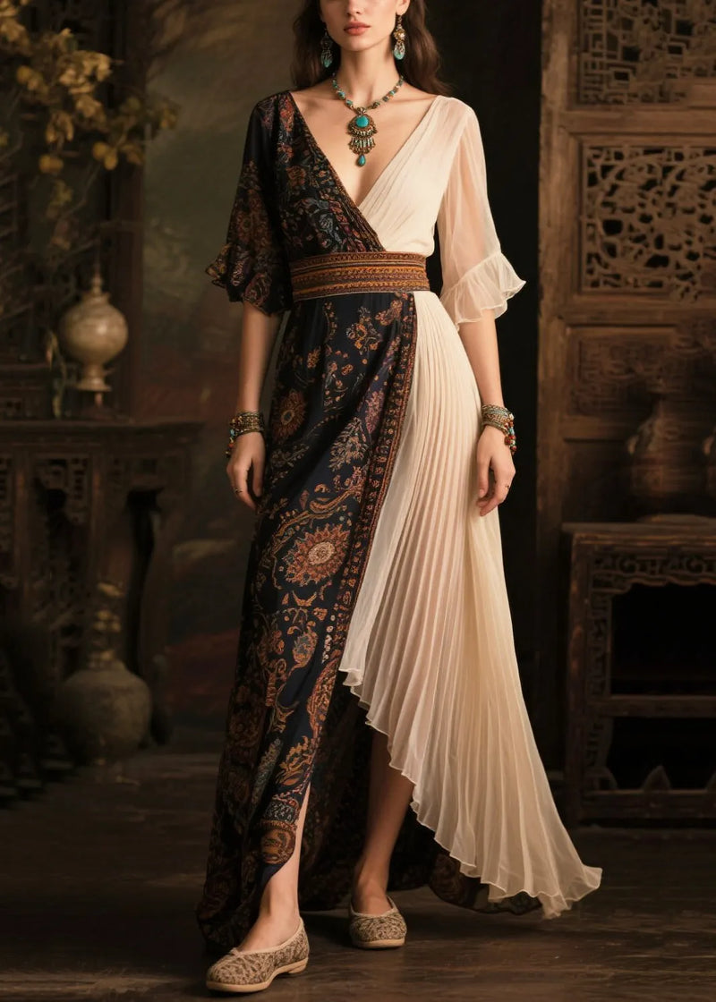 Fitted Colorblock Asymmetrical Patchwork Chiffon Pleated Dress Summer