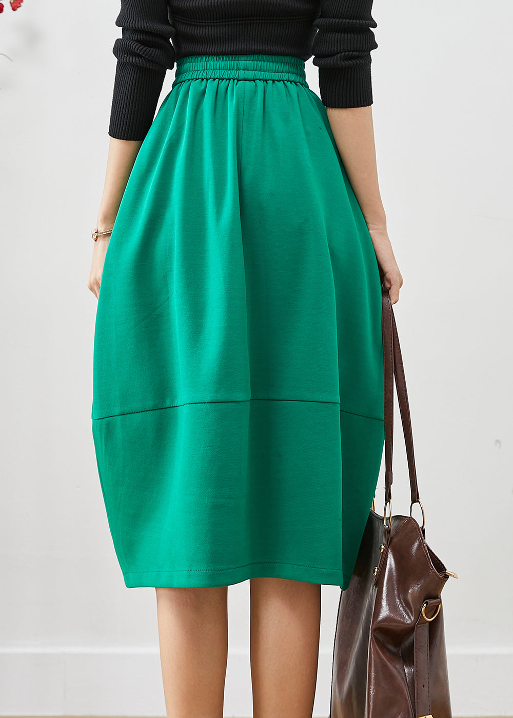 Green Elastic Waist Patchwork Cotton Skirts Fall