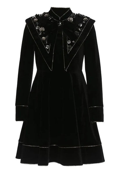 French Black Stand Collar Nail Bead Zircon Velour Dress Spring