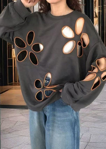 Grey Oversized Hollow Out Cotton Pullover Spring