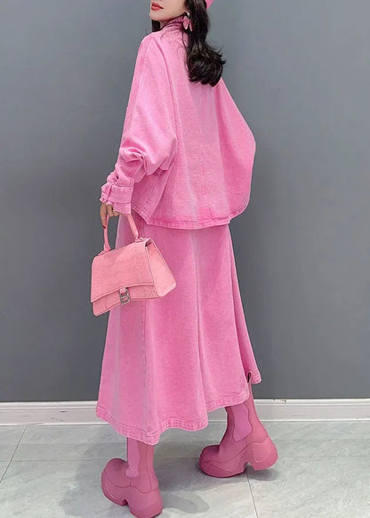 Pink Coats and Dress Denim Two Pieces Set Spring