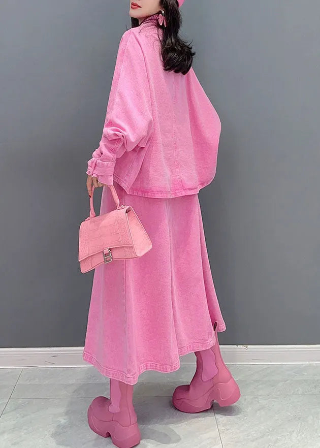 Pink Coats and Dress Denim Two Pieces Set Spring