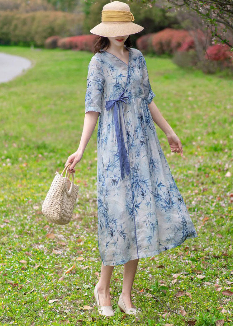 Light Blue V Neck Print Tie Waist Linen Holiday Dress Half Sleeve