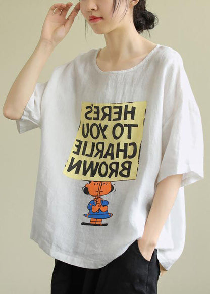 Style White Loose O-neck Print Fall T-shirt Half Sleeve