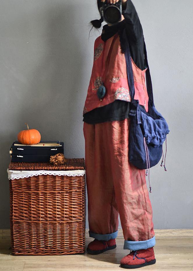 Red Linen Wide Leg Pants Trousers