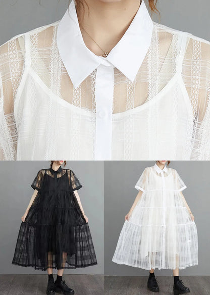 French Black Button Tulle Two Piece Set Short Sleeve