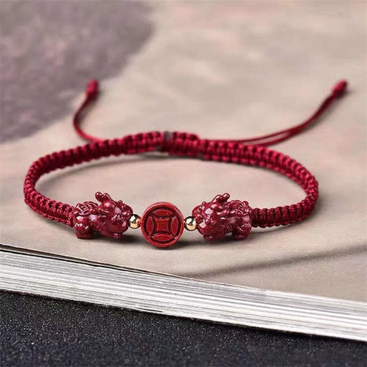 Buddha Stones Cinnabar Pixiu Blessing Copper Coin Peace Buckle Red String Bracelet