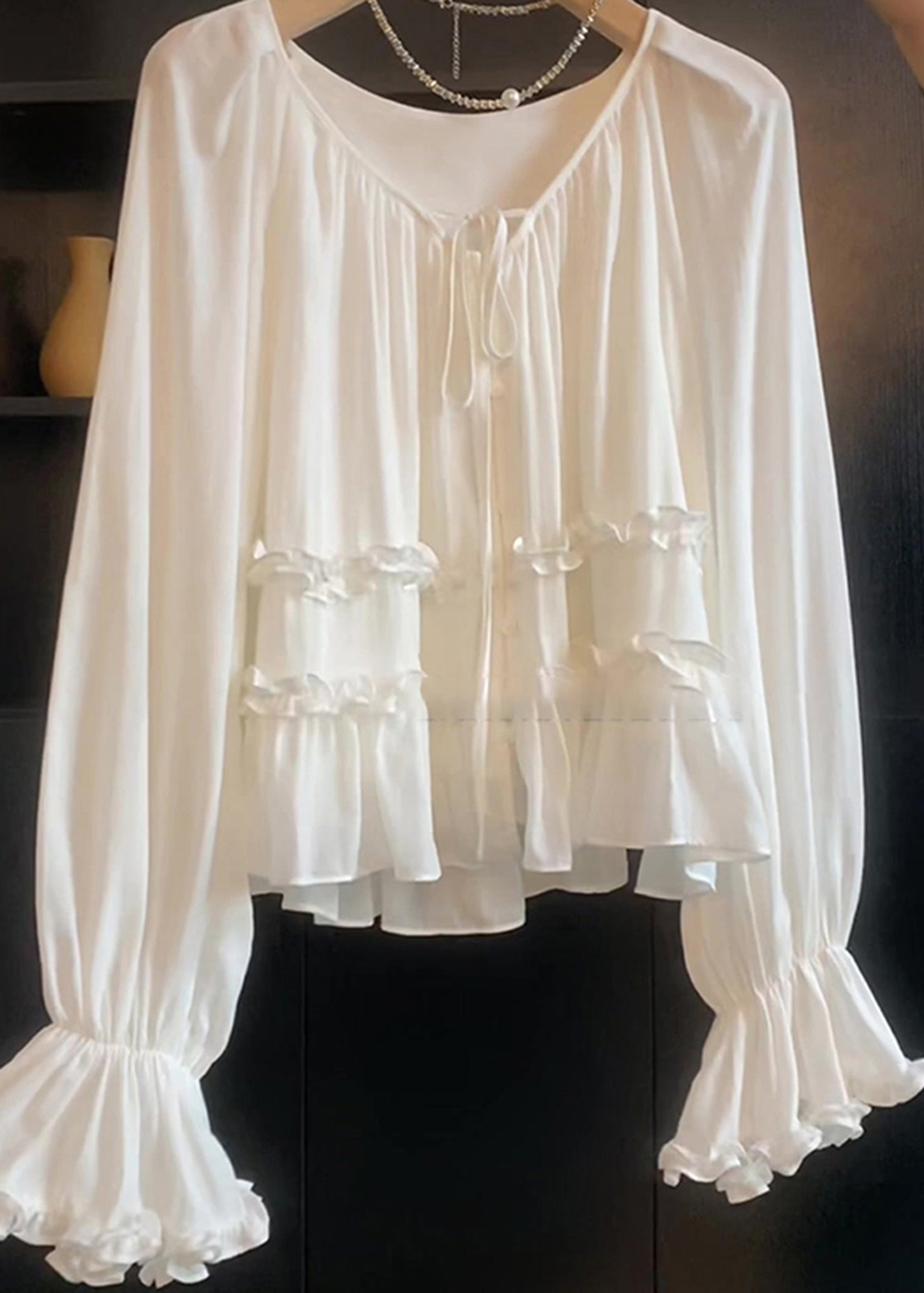 White Lace Up Ruffled Cotton Shirt Top Flare Sleeve
