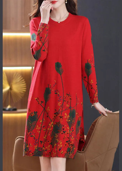 Red O Neck Print Knit Sweater Dress Fall
