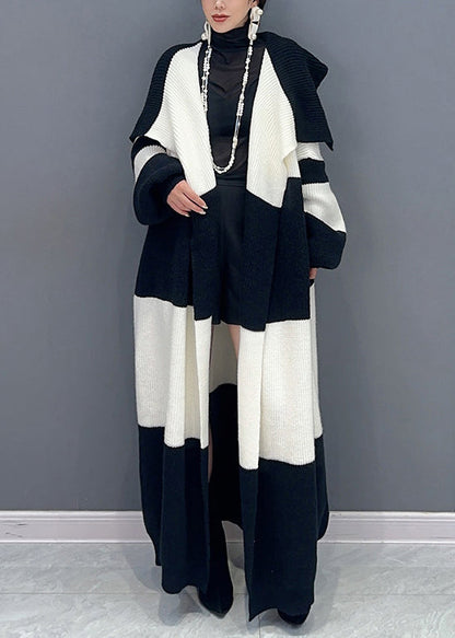 Loose White Tie Waist Pockets Patchwork Cotton Knit Long Trench Coat Spring