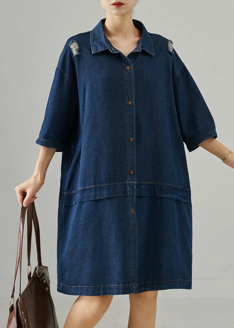 Navy Oversized Patchwork Denim Ripped Dresses Summer
