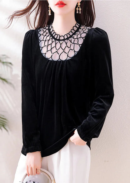 Black Patchwork Tulle Silk Velour Shirts Hollow Out Spring