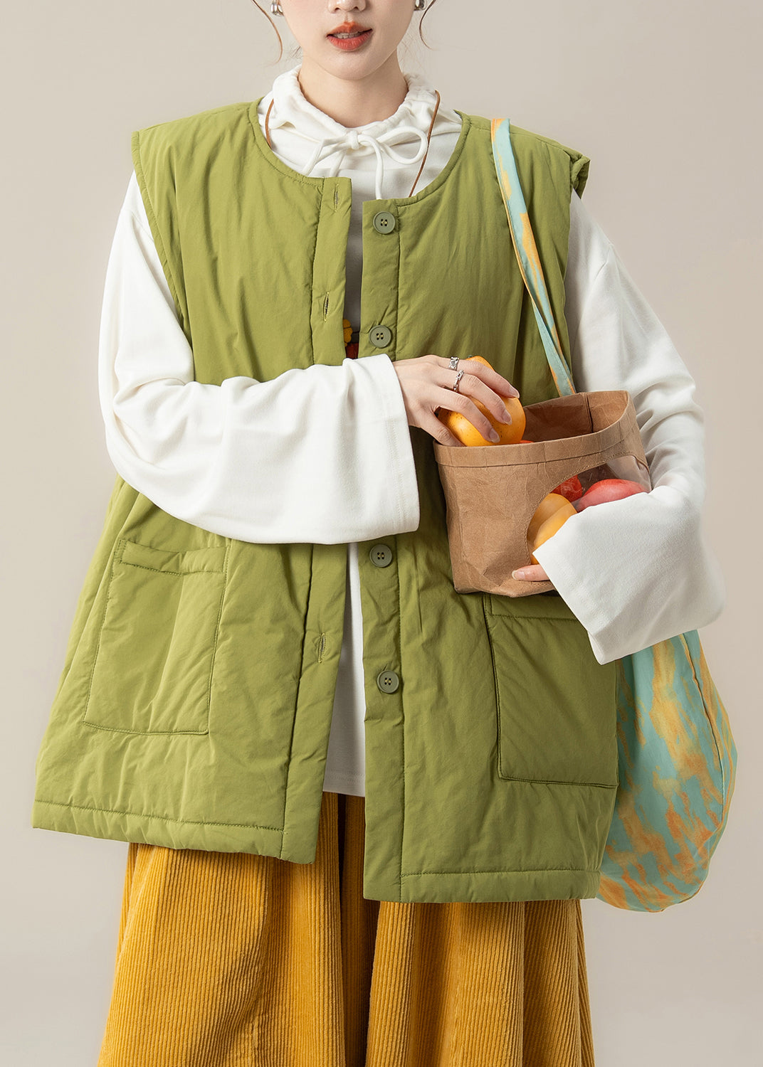 Green Oversized Pockets Fine Cotton Filled Winter Vests