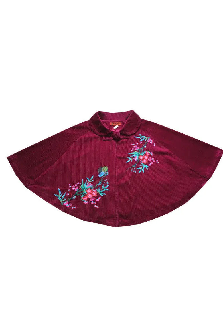 Mulberry Peter Pan Collar Embroideried Corduroy Coats Cloak Sleeves