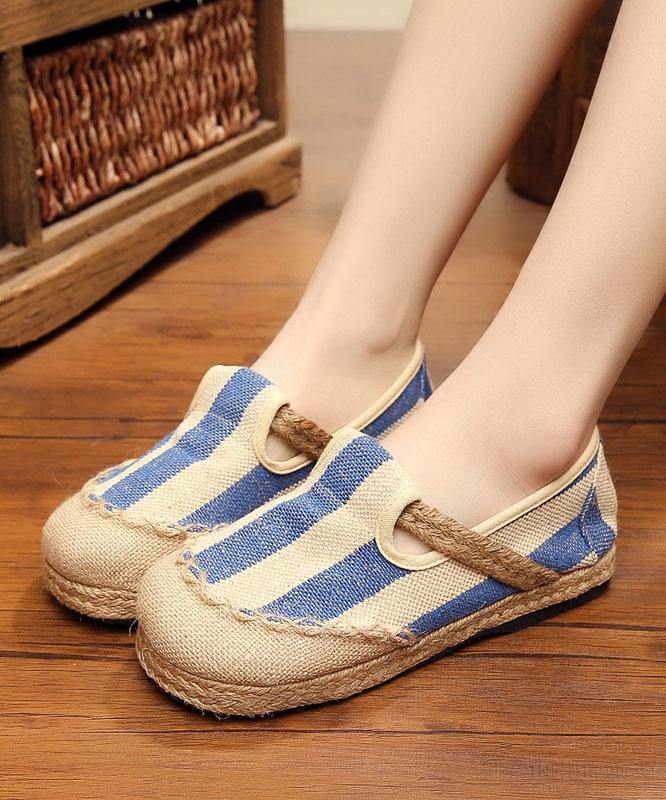 Blue Striped Cotton Fabric Flats Splicing Flat Shoes for